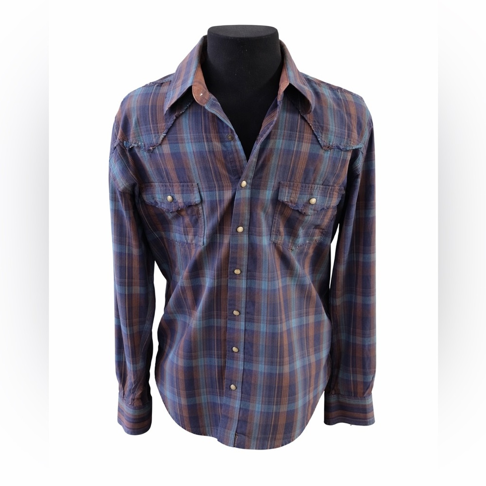 Wrangler Retro Premium Western Blue Plaid Pearl Snap Shirt Men’s S